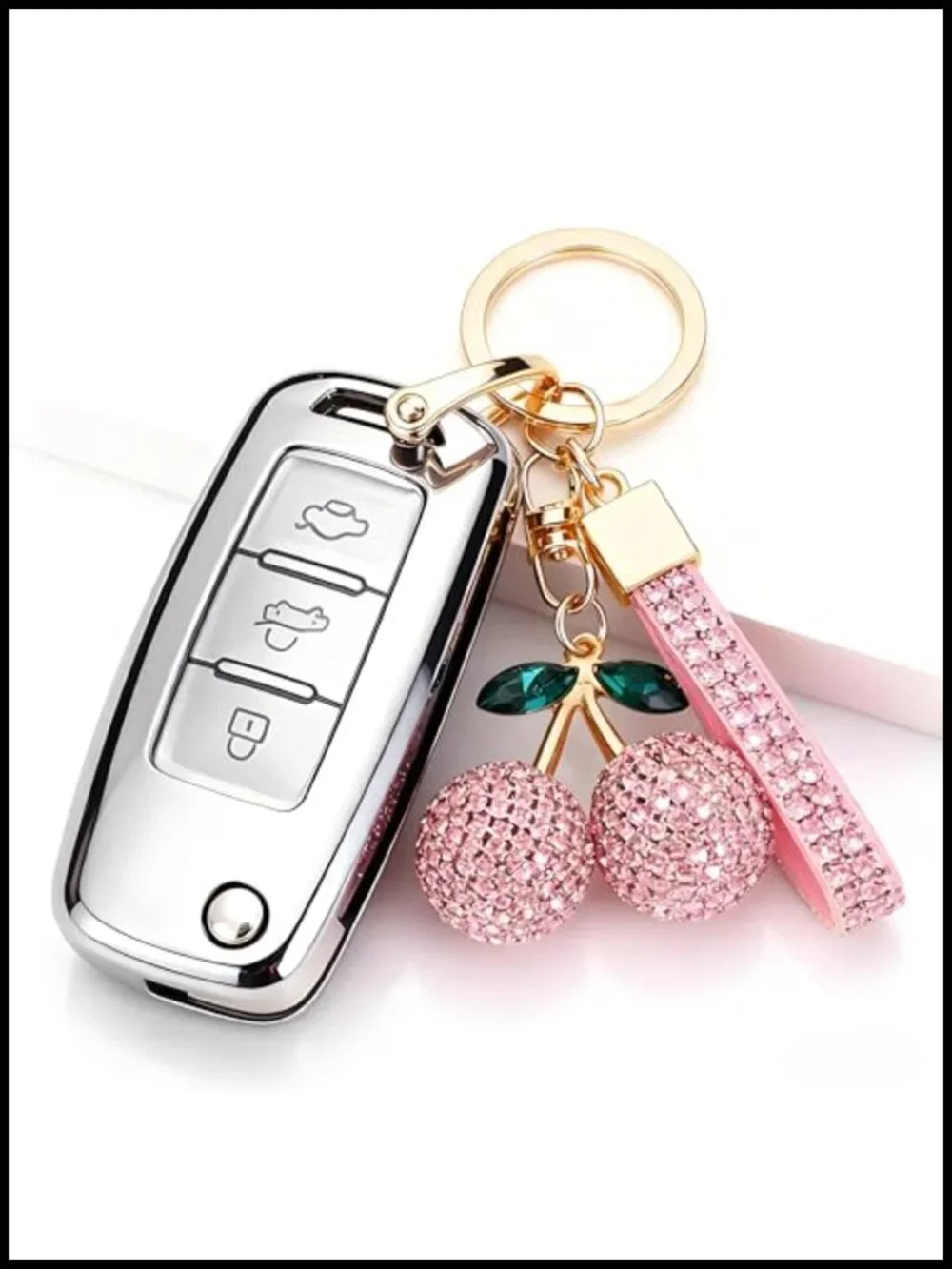 Sparkly Rhinestone Cherry Keychain with Tassel